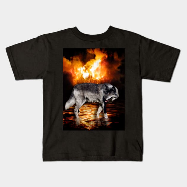 "Survivor" Alpha Grey Wolf & Burning Forest Fire Kids T-Shirt by Highseller